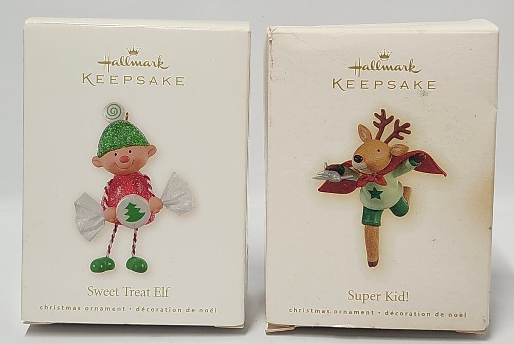 Hallmark Keepsake Ornament Lot Sweet Treat Elf 2008 Super Kid 2009